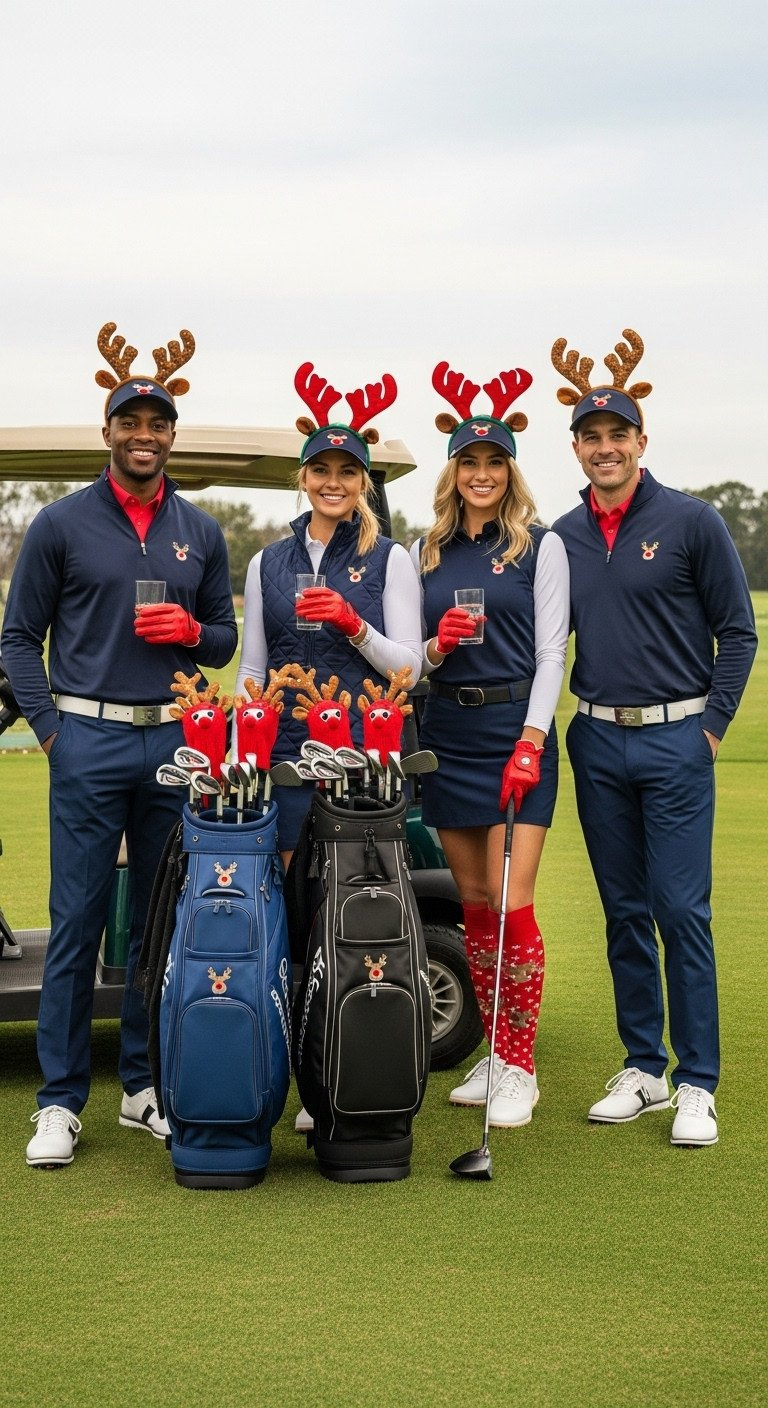 Golf Team Of Four In Coordinated Navy/Black Outfits With Festive Reindeer Antler Headbands, Red Golf Gloves, Themed Socks.