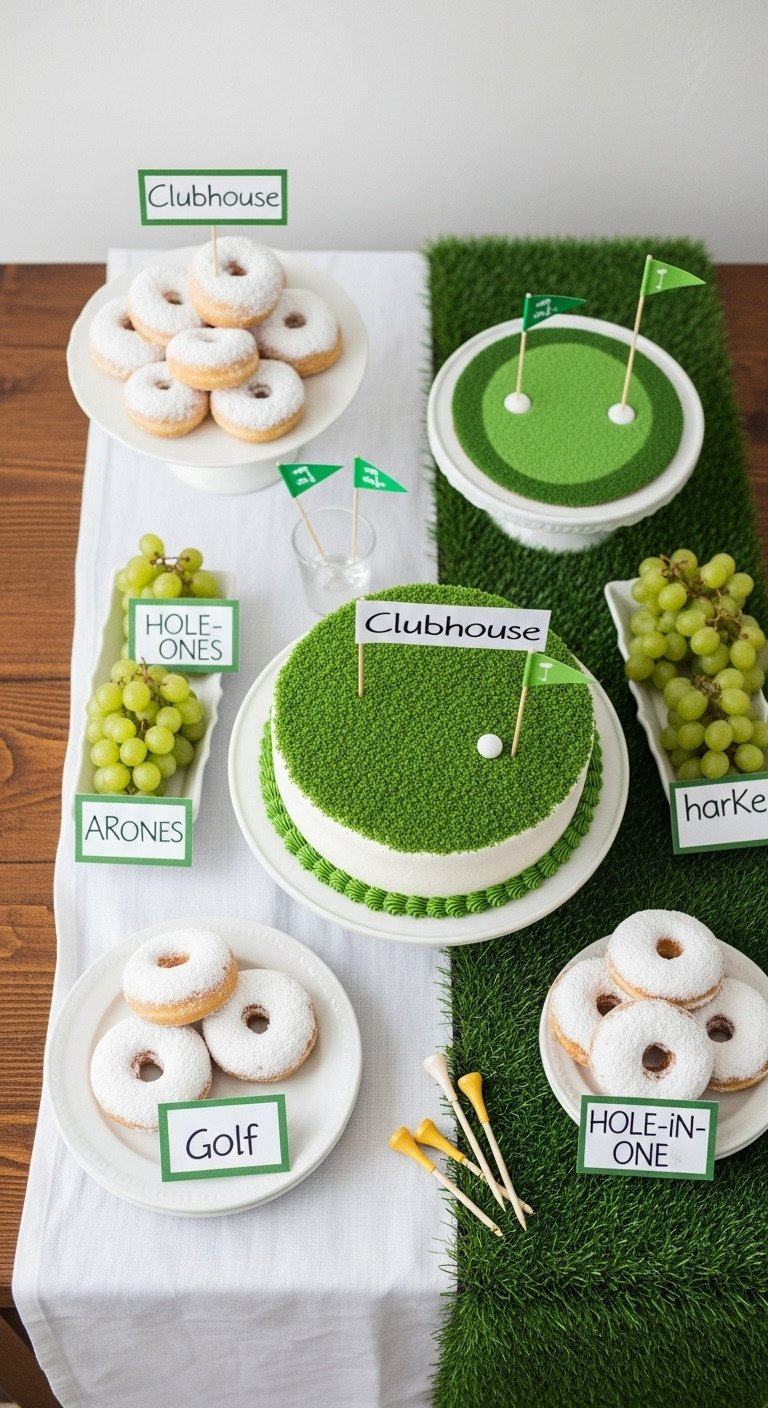 Genius Hole In One Party Ideas Plus Age Safe Planning Golf-Themed Clubhouse Dessert Table Features Green Turf Cake, White Donuts, Green Fruit, Golf Tee Skewers, And Flagsticks.