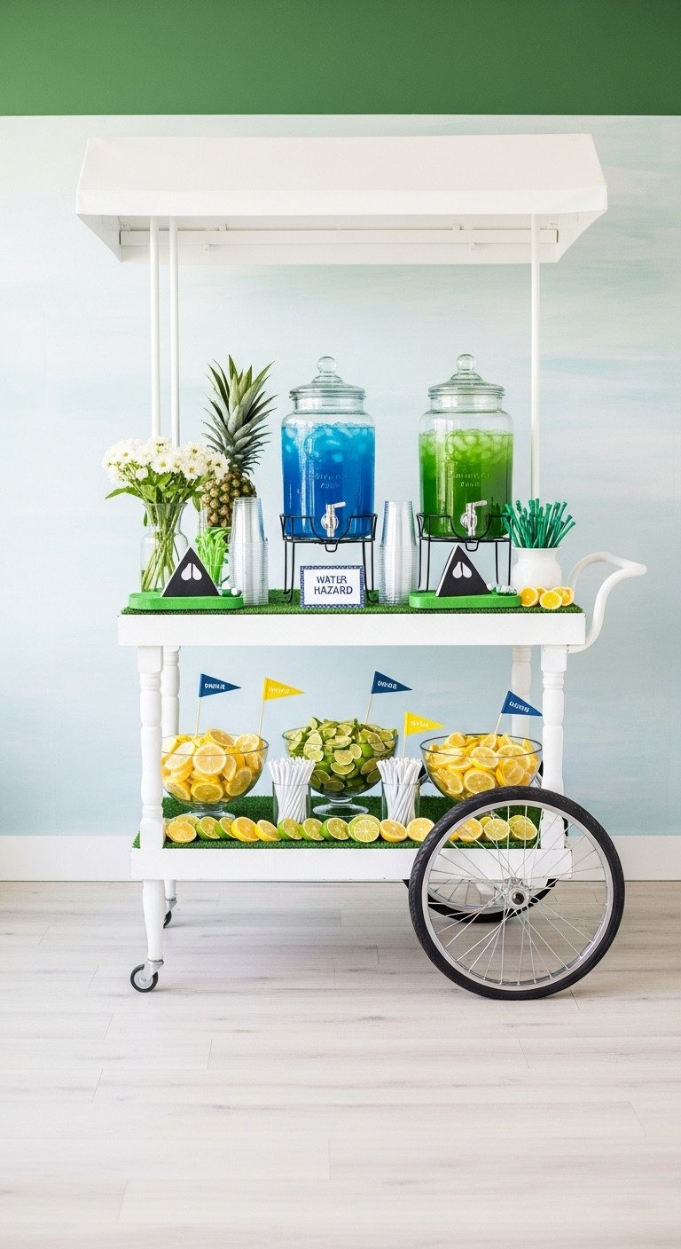 Genius Hole In One Party Ideas Plus Age Safe Planning Golf-Themed &Quot;Water Hazard&Quot; Beverage Station: White Cart, Blue Punch, Green Iced Tea, Lemon, Lime, And Golf Flag Accents.