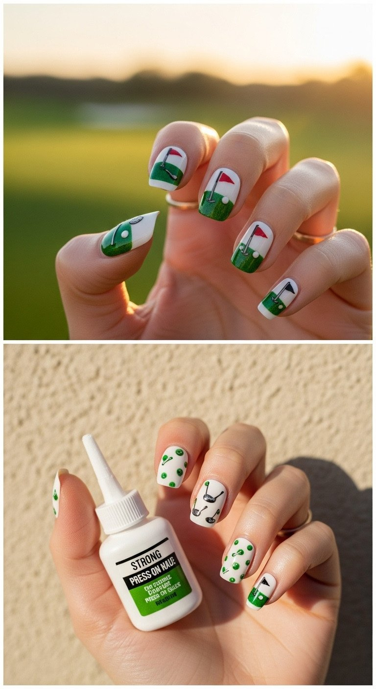 9 Genius Golf Nail Art Designs That Last Through Your Game Golf Themed Press-On Nail Art With Tiny Clubs, Dimples, Flags. Textured Wall, Blurred Golf Course, Nail Glue, Kit.