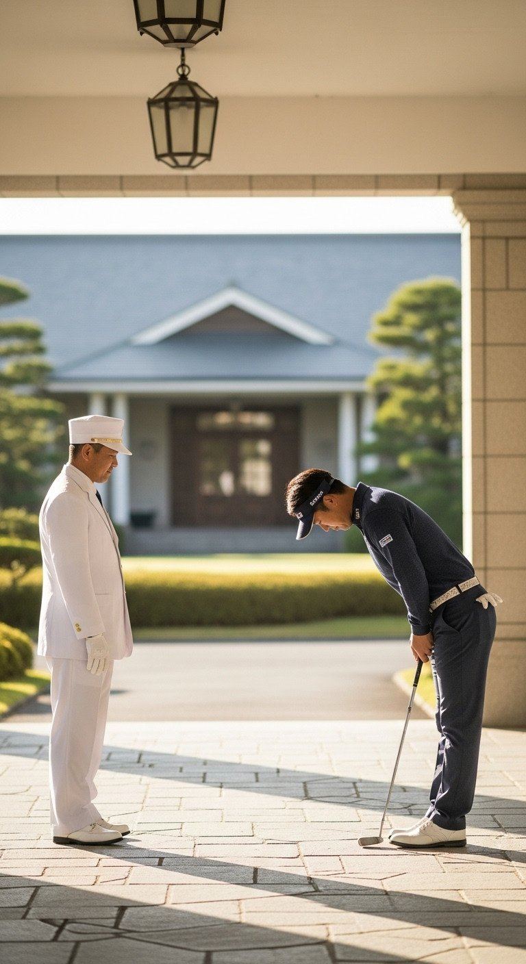 Golfer Bowing Respectfully To Caddy At A Traditional Japanese Golf Clubhouse Entrance, Illustrating Omotenashi Culture.