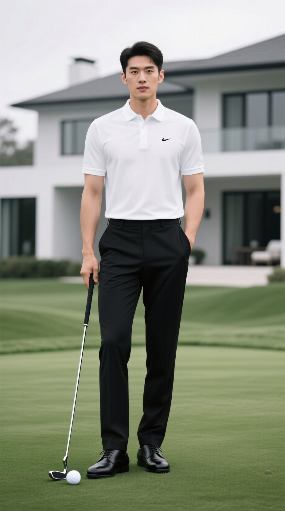 Golfer In A Minimalist White Performance Polo And Black Technical Trousers Focuses On A Putt On A Manicured Practice Green.