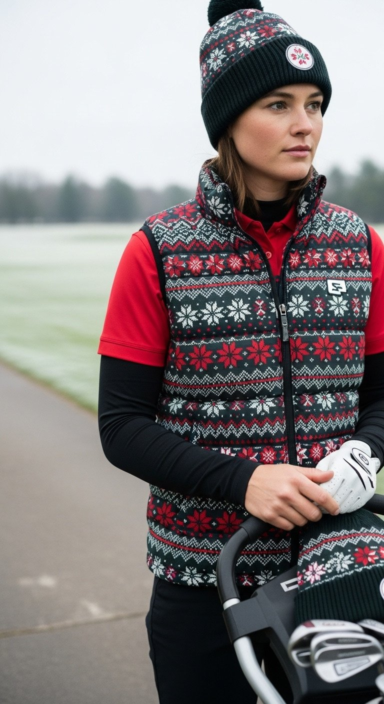 Golfer In Black Thermal, Red Polo, Thick Festive Puffy Golf Vest, Winter Gloves, Beanie. Warm Christmas Golf.