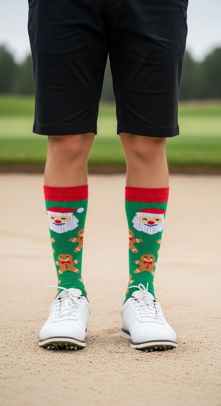Golfer In Black Trousers, Vibrant Christmas Socks (Santa, Gingerbread Men), White Spikeless Golf Shoes. Festive Bunker Golf.