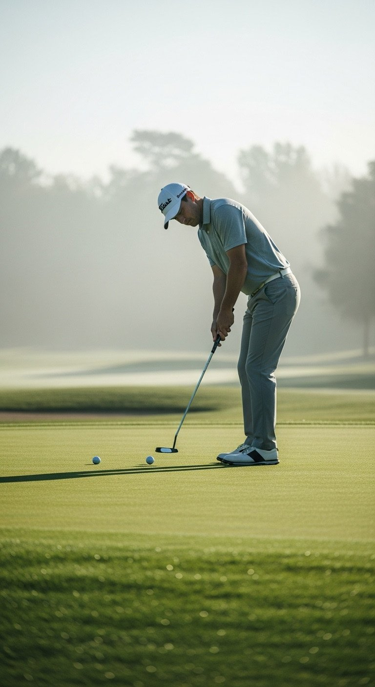 Golfer In Calm, Focused Stance On Lush Dewy Green With Elegant Putter, Soft Morning Light, Representing Mental Toughness.