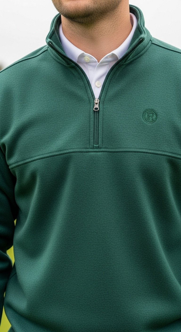 Golfer In Deep Holiday Green Quarter-Zip Fleece Mid-Layer Over White Performance Polo For Cold Weather Golf.