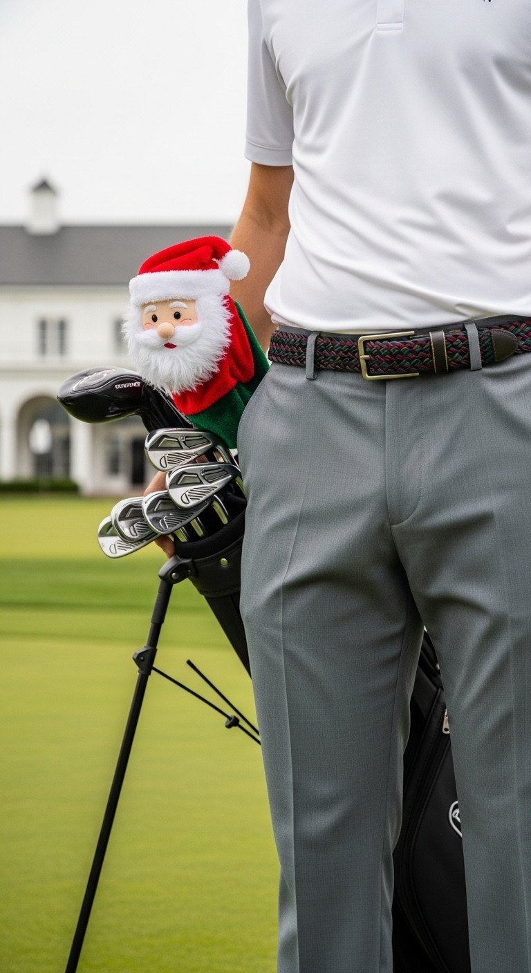 Golfer In Gray Slacks, White Polo, Festive Braided Belt, Santa Headcover. Elegant, Rule-Compliant Christmas Golf.