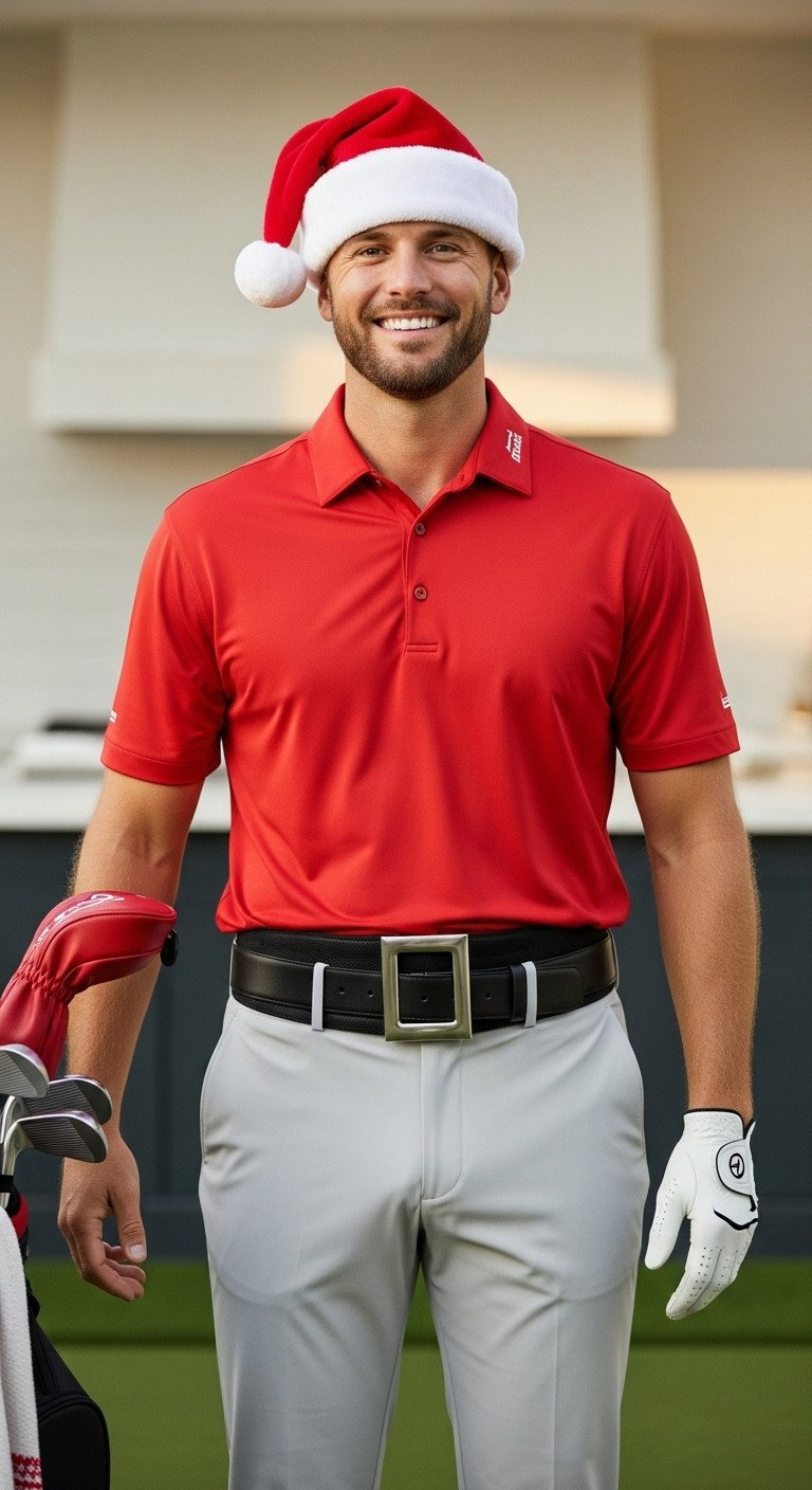 Golfer In Red Polo, White Slacks, Santa Hat, Black Belt With Silver Buckle. Festive Golf Accessories For A Fun Holiday Game.