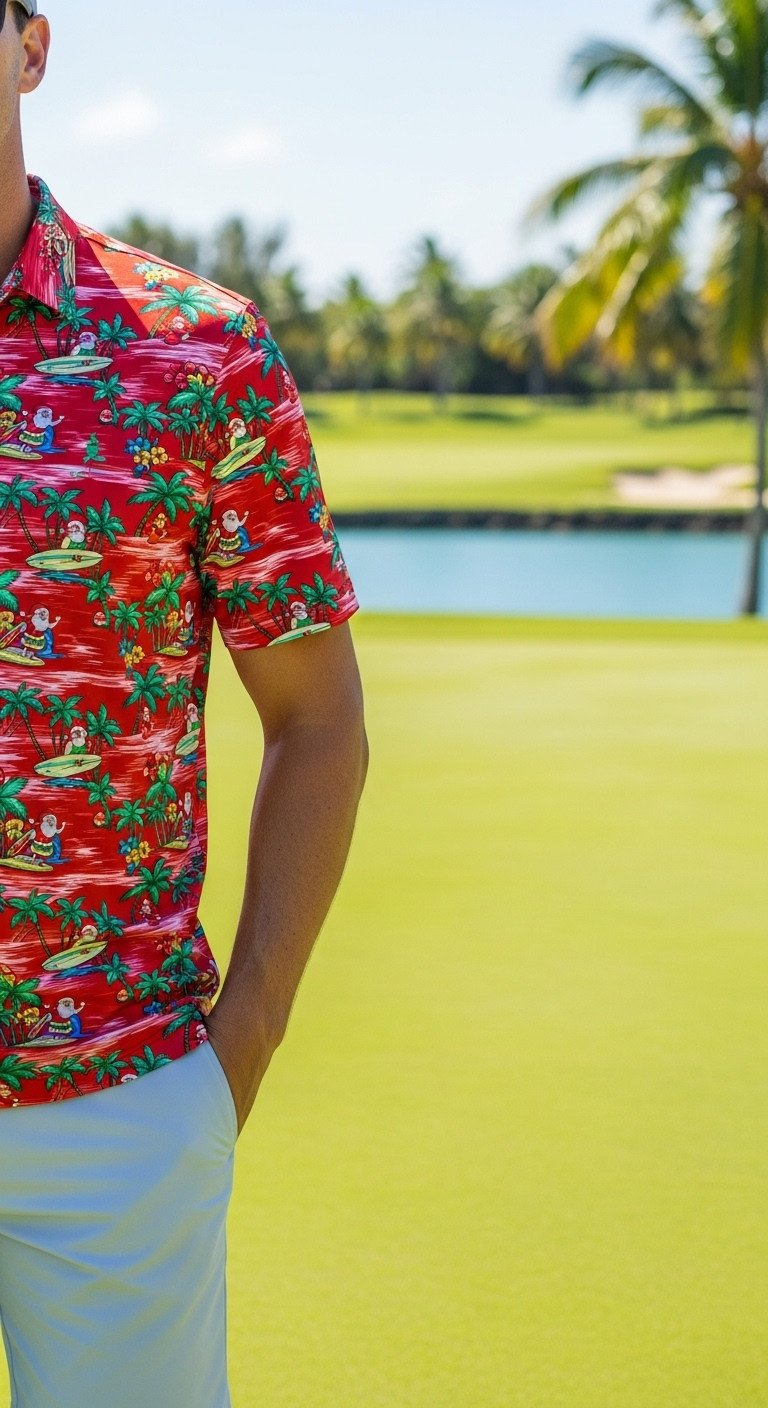 Golfer In Vibrant Hawaiian Christmas Golf Polo With Santa Surfing Print On A Tropical Golf Course.