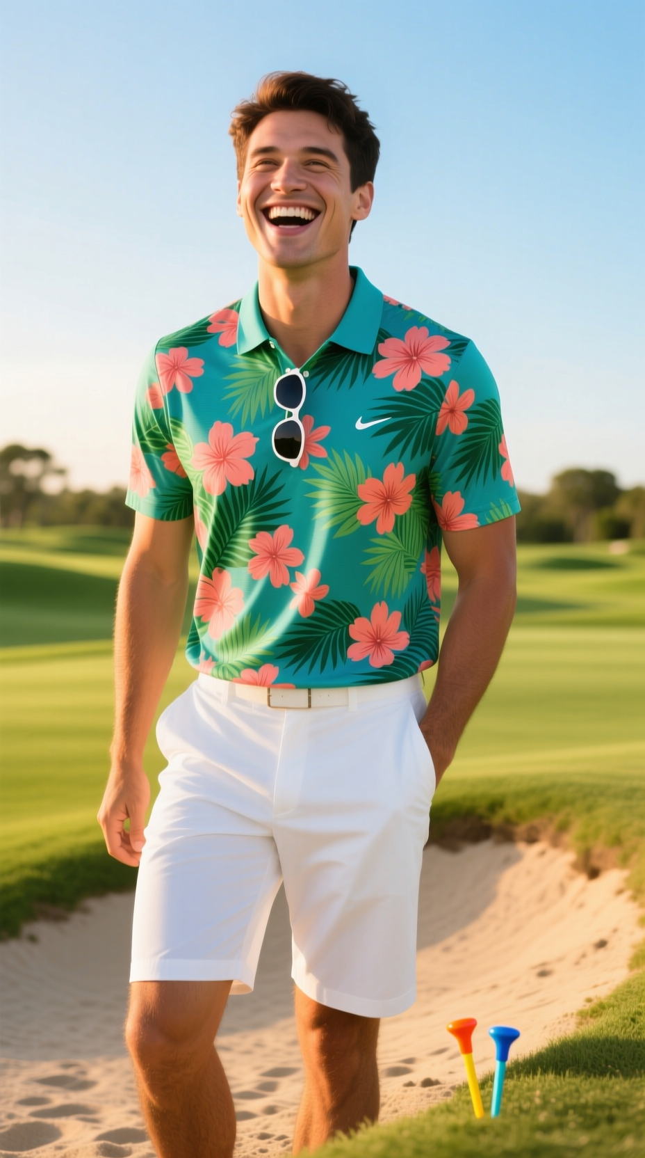 Golfer Mid-Laugh Wearing A Tropical Floral Print Performance Polo In Teal And Coral With White Shorts On A Sunny Golf Course.