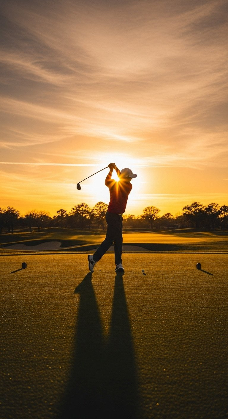 Golfer Performing A Dynamic Swing, Silhouetted Against A Brilliant Golden Hour Sunset On A Manicured Golf Course Fairway.