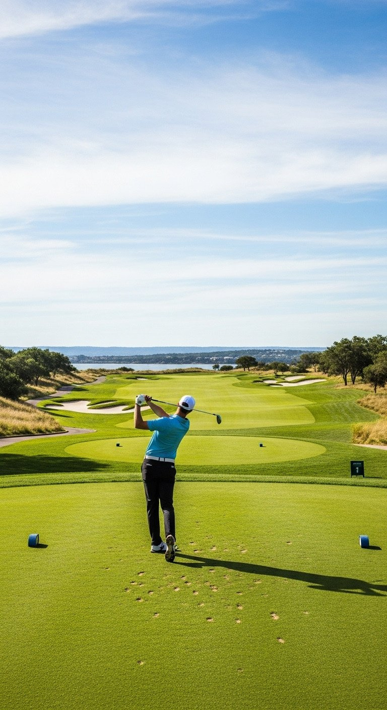 Ultimate Golf Photoshoot Ideas Poses And Pro Techniques Golfer Setting Up For A Tee Shot On A Vast, Scenic Golf Course Tee Box, Dramatic Fairway And Water View Under Blue Sky.