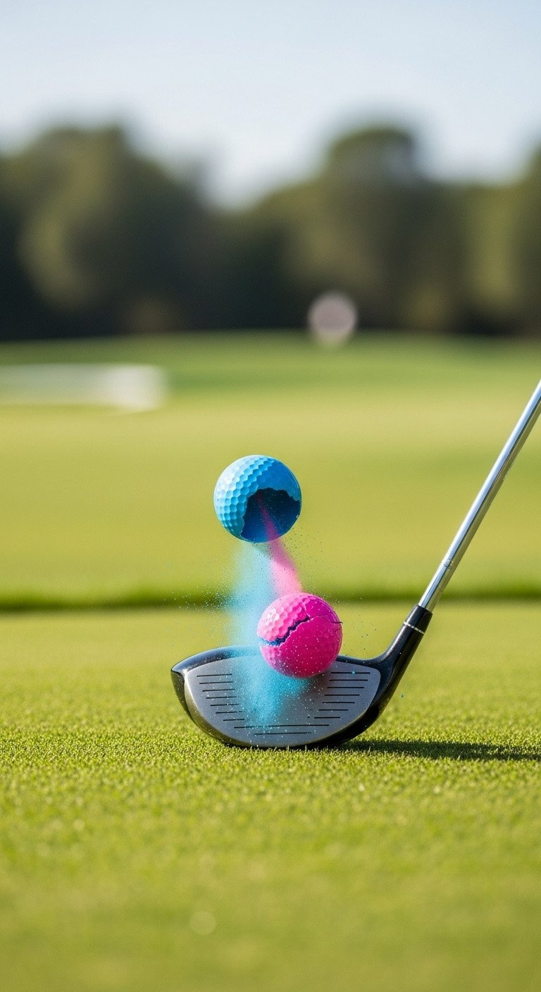 Golfer'S Club Hits Gender Reveal Golf Ball, Powder Dramatically Puffs Out On Grass. High-Speed Impact For Gender Reveal.