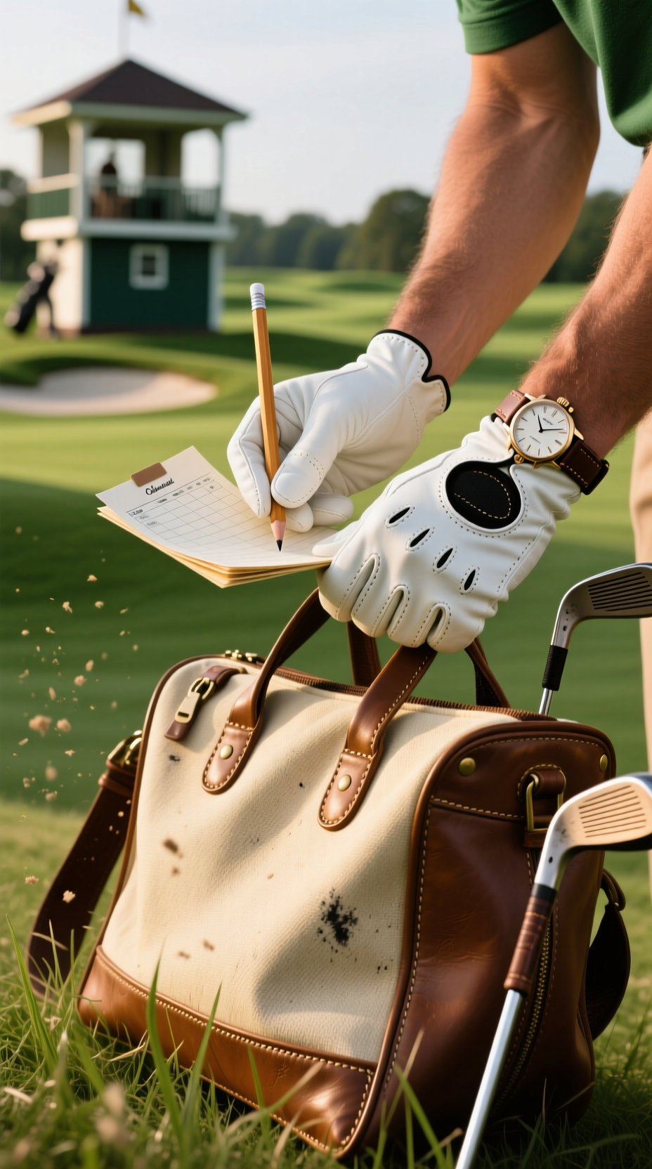 Golfer'S Hands In A White Leather Glove Holding A Scorecard And Pencil, Resting On A Vintage Canvas And Leather Golf Bag.