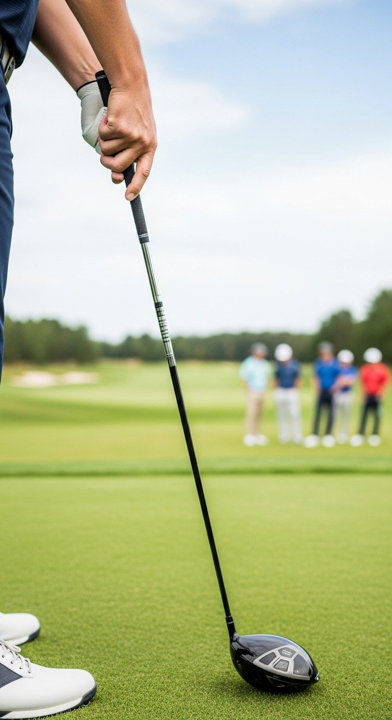 Golfer'S Hands Nervously Gripping Driver On First Tee, Vast Fairway Ahead, Conveying Psychological Pressure Before A Golf Round.
