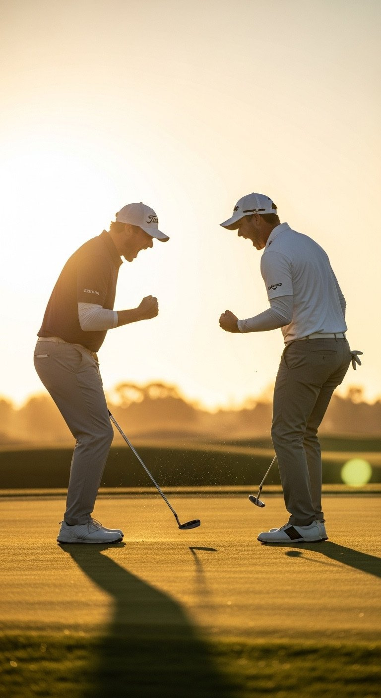Ultimate Golf Photoshoot Ideas Poses And Pro Techniques Golfer'S Triumphant Emotional Reaction After A Key Shot, Silhouetted By A Dramatic Golden Hour Sunset On The Fairway.