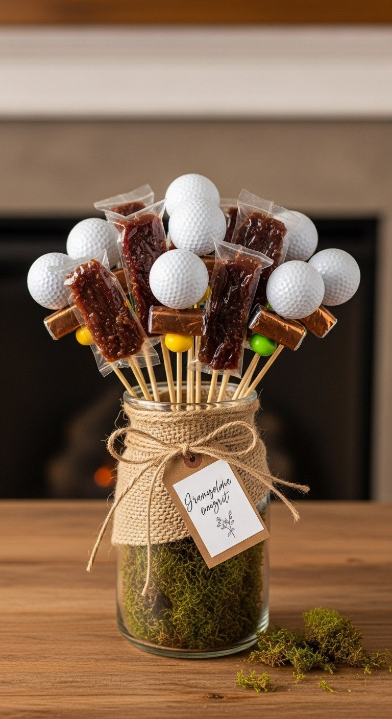 Golf Ball Bouquet Ultimate Guide For Stunning Stable Results Gourmet Beef Jerky And Candy Bars On Skewers Mixed With Golf Ball Stems In A Vase, Creating A Unique Edible Bouquet.