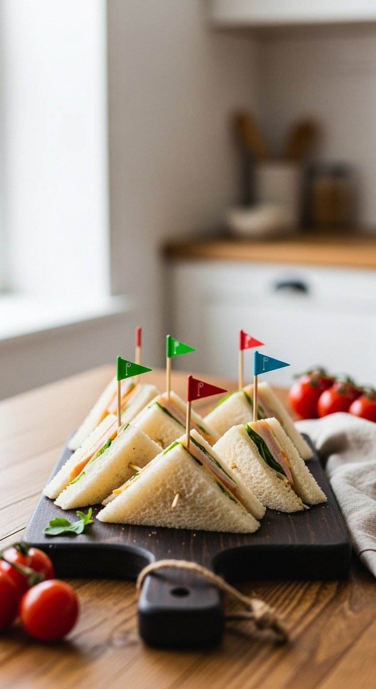 Gourmet Club Sandwiches Cut Into 'Sand Wedges' With Mini Golf Flags On Skewers, Arranged On A Rustic Wooden Board With Cherry Tomatoes.