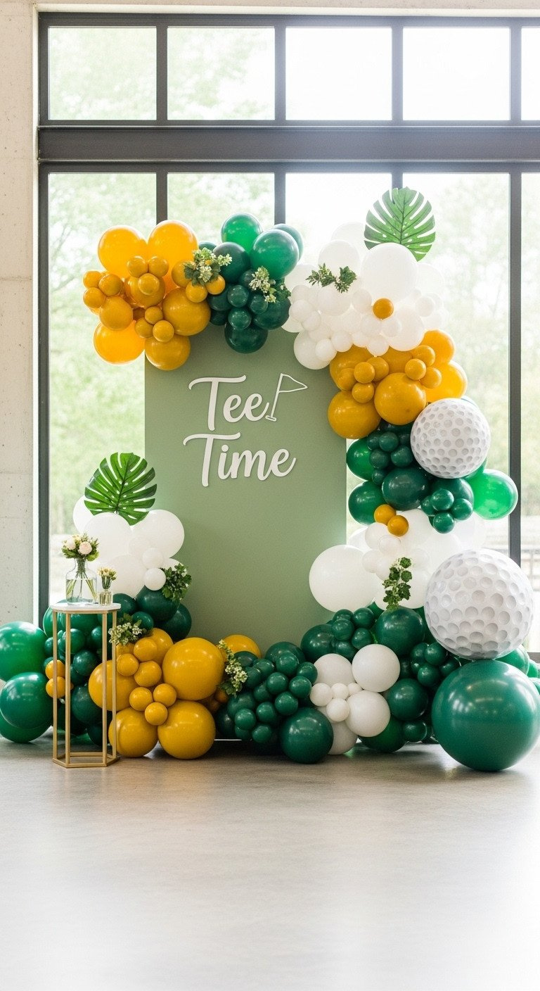 9 Ultimate Golf Party Decorations And Par-Tee Setup Secrets Grand 'Tee Time' Balloon Arch For A Golf Party, Featuring Emerald Green, White, Golden Yellow Balloons, And Golf Ball Cutouts.