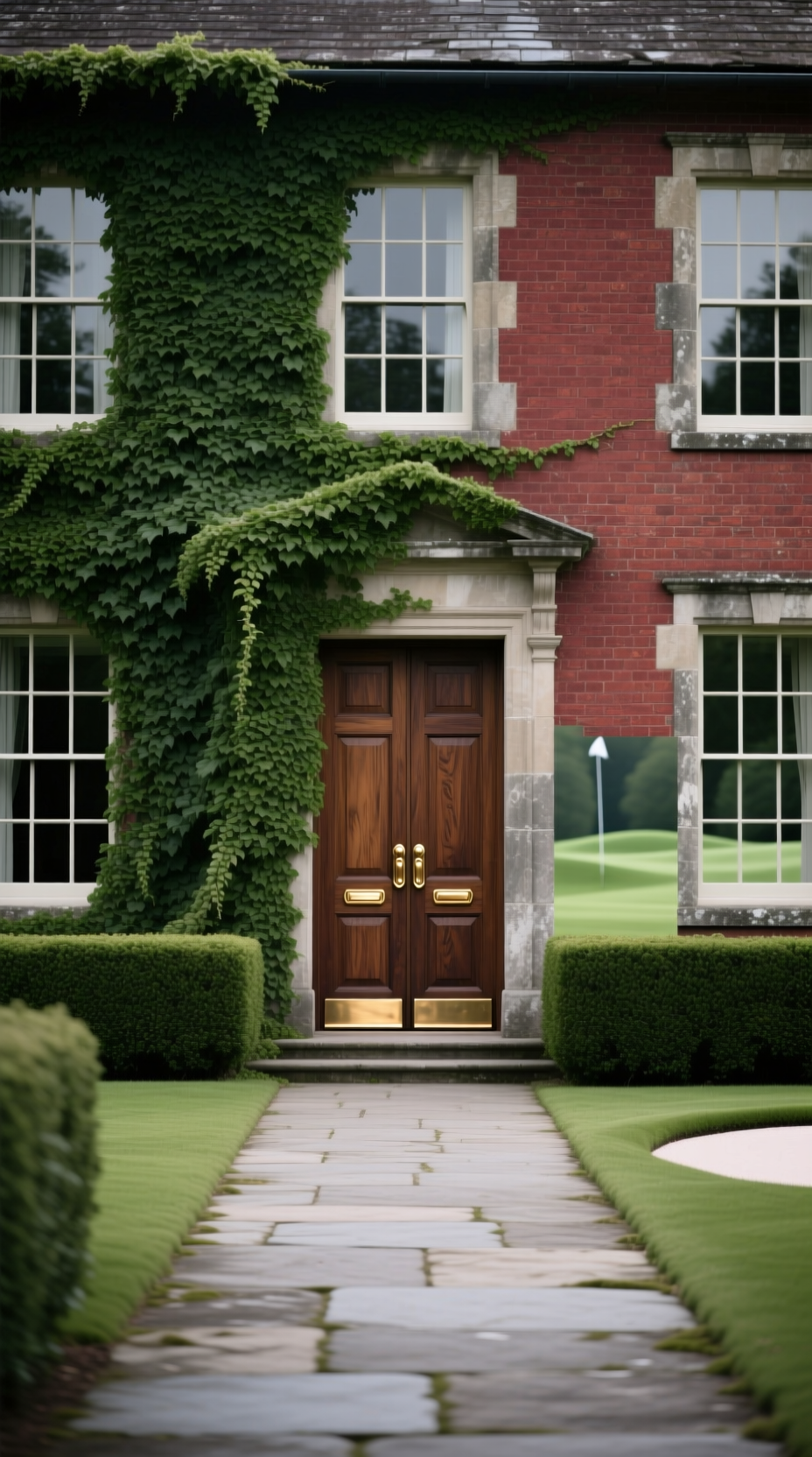 Stunning Golf Aesthetic Backgrounds And Wallpapers In 4K Grand Entrance Of An Elegant, Ivy-Covered Brick Golf Clubhouse With Large Oak Doors And Manicured Hedges.