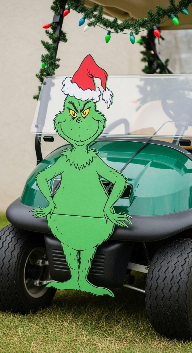 Grinch-Themed Golf Cart Display Featuring A Green Foam Grinch Cutout With A Santa Hat And 'Stolen' Christmas Lights.