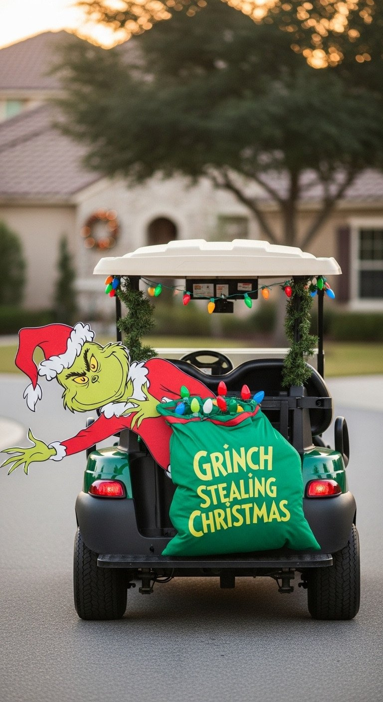 11 Non Damaging Golf Cart Christmas Ideas And Wiring Hacks Grinch-Themed Golf Cart With A Large Foam Grinch Prop Dragging 'Stolen' Lights From The Rear Seat.