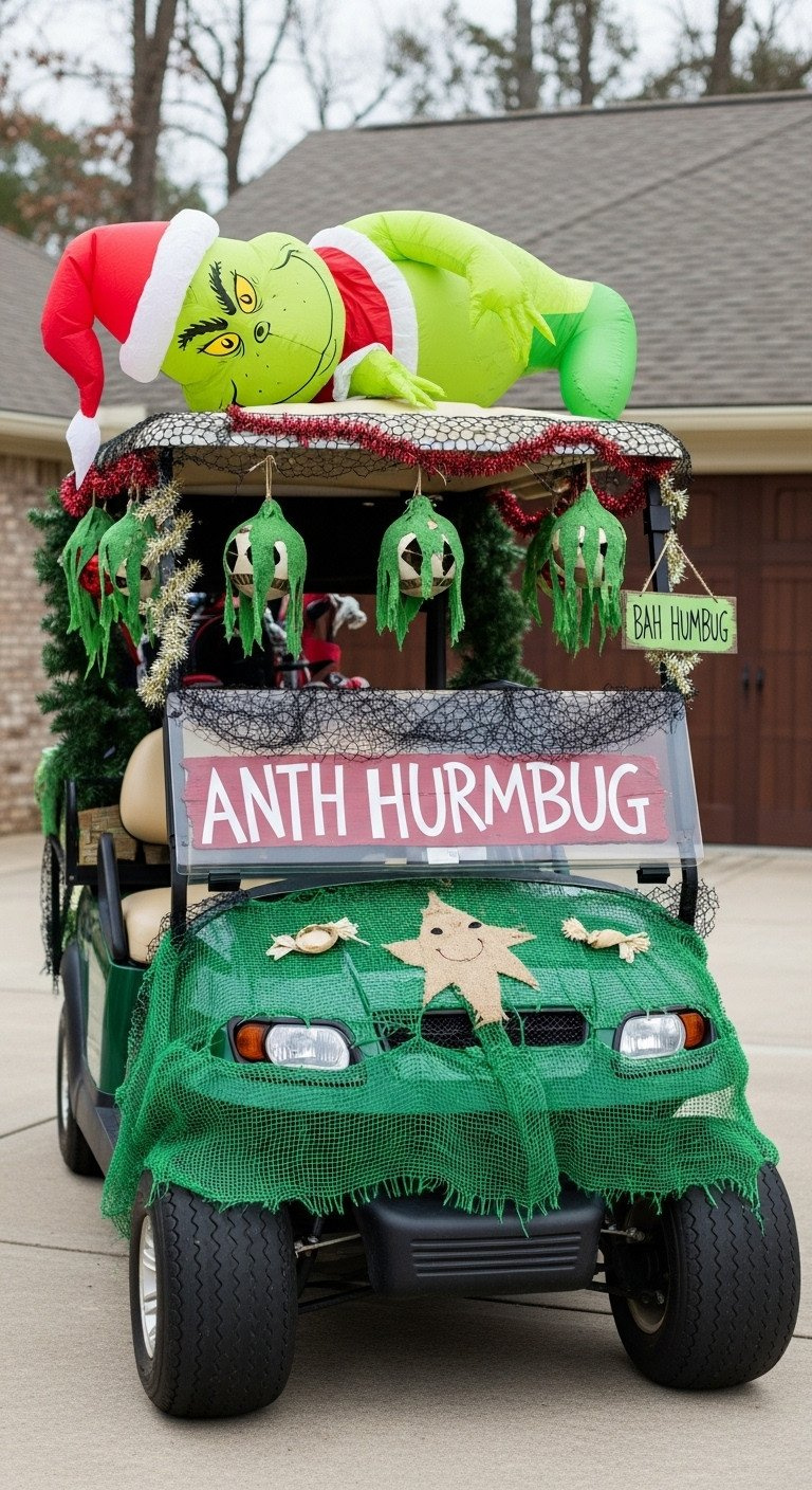 Grinch Themed Golf Cart With Distressed Green Burlap, Broken Ornaments, Deflated Grinch, And Flickering Lights.