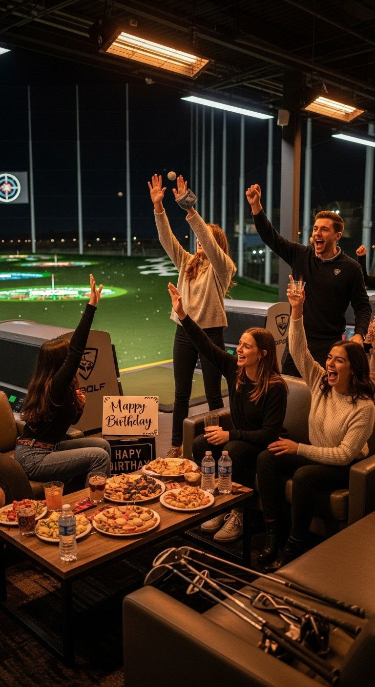 9 Genius Golf Birthday Party Ideas For Kids And Adults Guests Cheering At A Topgolf Birthday Party Bay, Hitting A Ball Towards Colorful Targets, With Appetizers And Drinks.