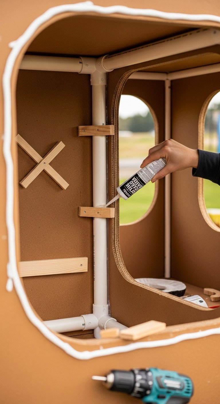 Hand Applies Clear Polyurethane Sealant To A Structural Joint With Internal Pvc Cross-Bracing Inside A Gingerbread Golf Cart Float For Stability.
