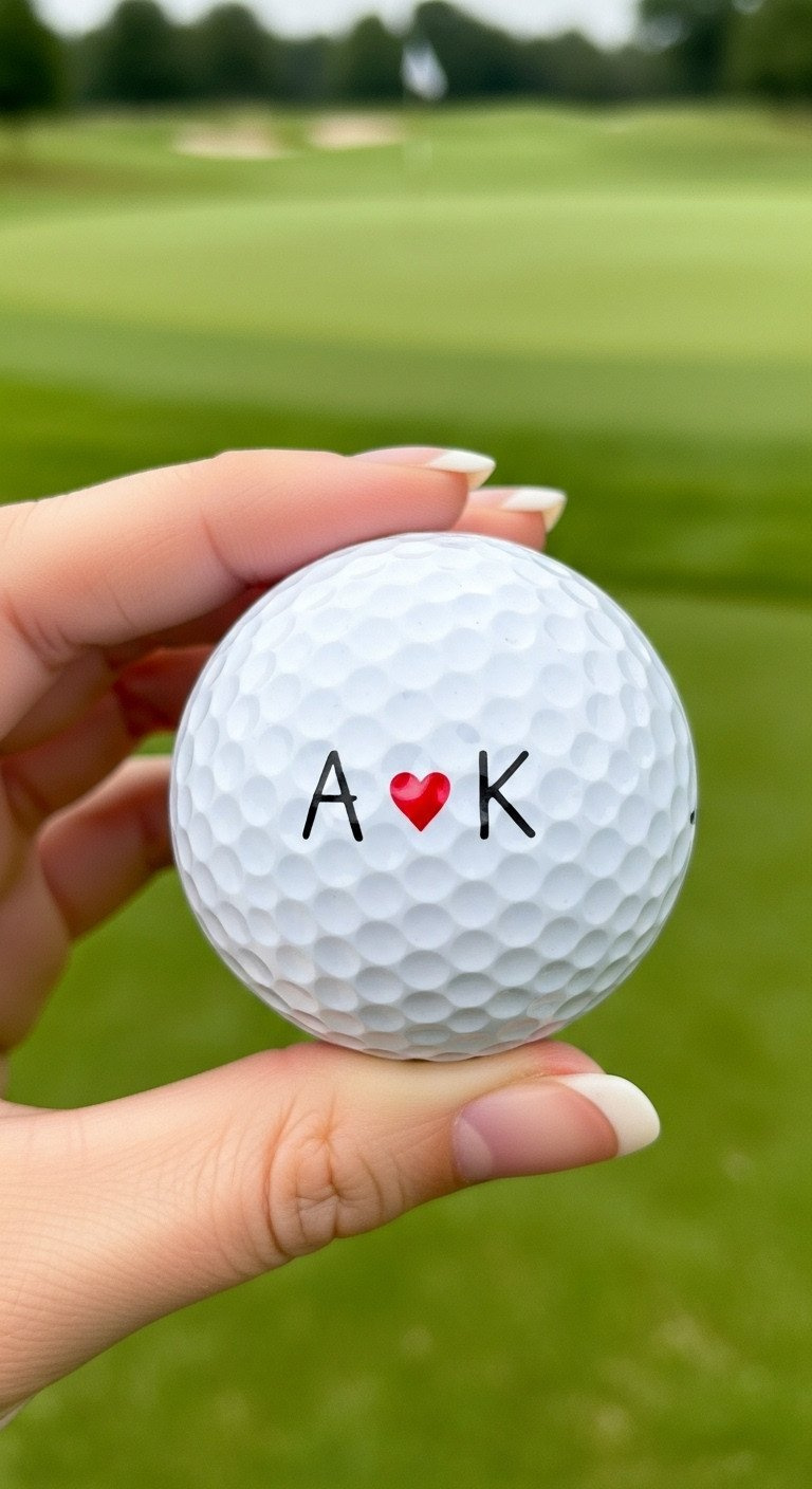 Hand Holding A Golf Ball With Custom Initials And A Red Heart, A Romantic Diy Gift Idea With A Golf Course Background.