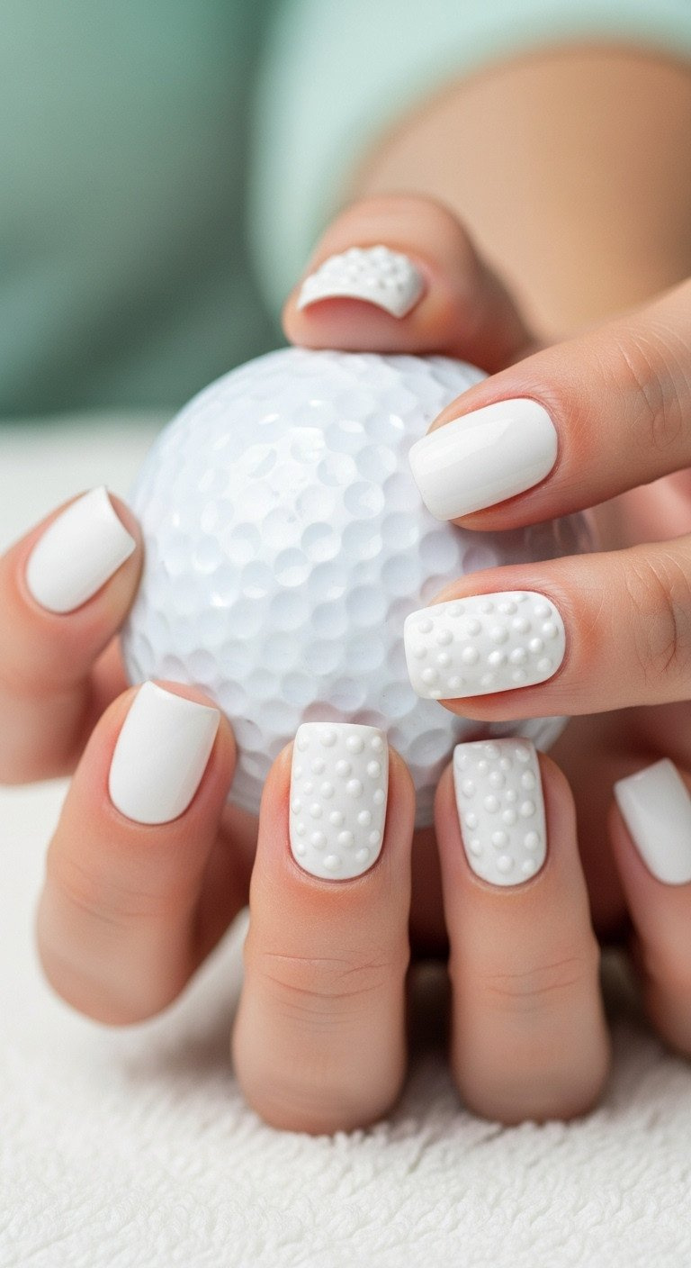 Hand Holding White Golf Ball. Nails With White Builder Gel Feature Golf Ball Dimple Texture, On Soft Golf Towel Background.
