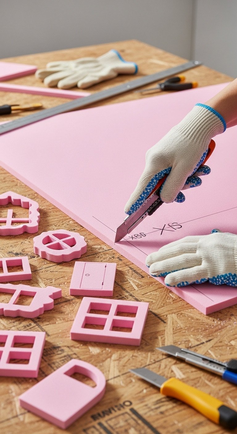 Hand In Glove Cuts Pink Xps Foam Board With Utility Knife, Guided By A Line, Near Gingerbread House Shapes On A Plywood Workbench.