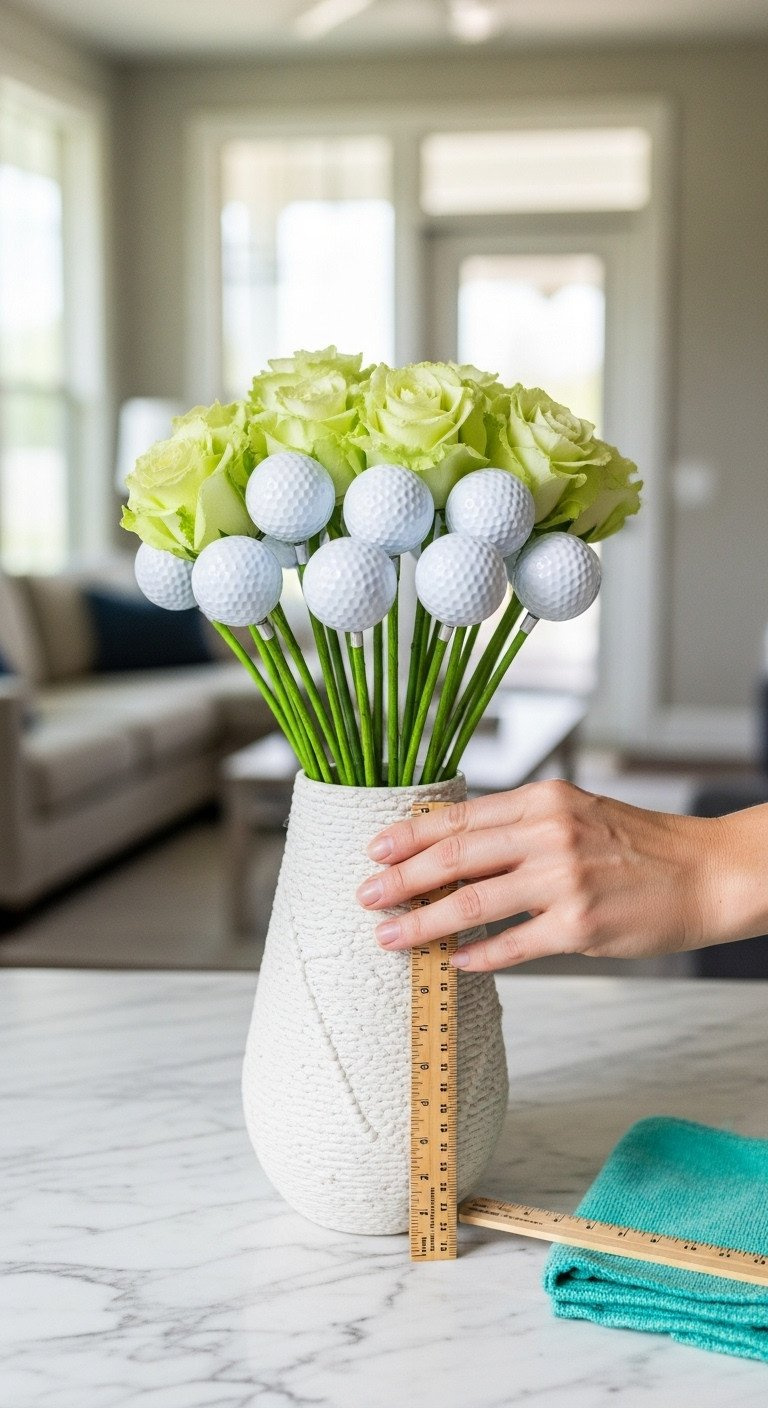 Golf Ball Bouquet Ultimate Guide For Stunning Stable Results Hand Securing A Golf Ball Bouquet In A Vase By Pressing Down On Decorative Filler, Ensuring Stable And Beautiful Arrangement.