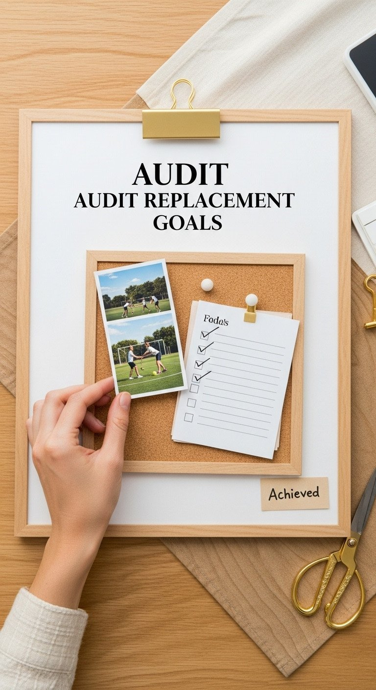 Hand Updating A Golf Vision Board, Replacing An Old Goal With A New Image, Beside A Checklist And Gold Scissors.