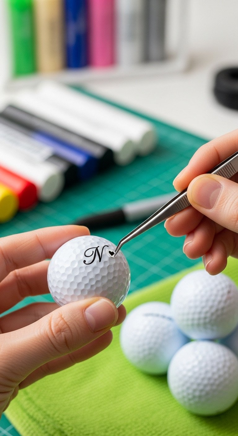 Golf Ball Bouquet Ultimate Guide For Stunning Stable Results Hands Applying A Black Vinyl Decal To A White Golf Ball With Tweezers For Personalization, On A Green Cloth With Craft Supplies.