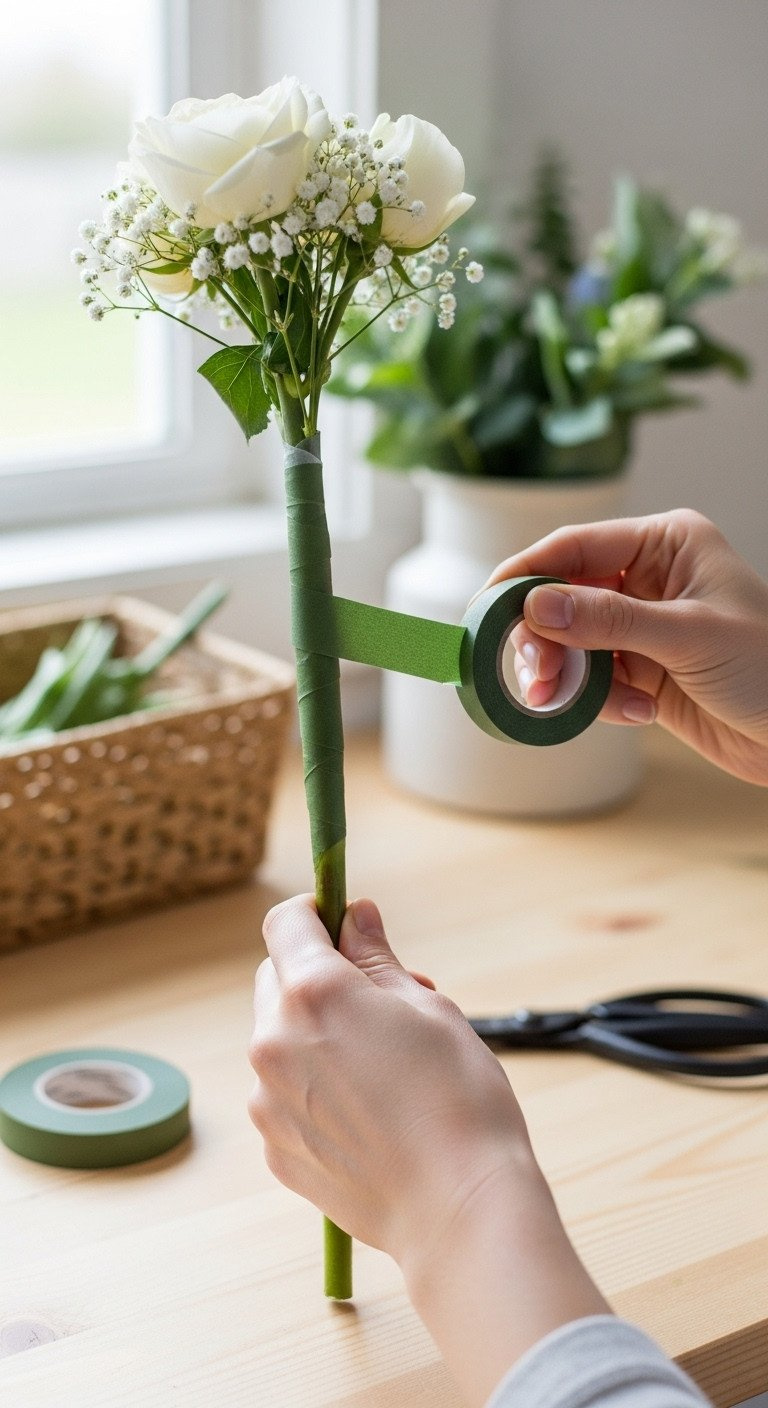 Golf Ball Bouquet Ultimate Guide For Stunning Stable Results Hands Carefully Applying Green Floral Tape Diagonally To A Wooden Dowel Rod, Stretching It For A Smooth, Seamless Craft Stem Finish.