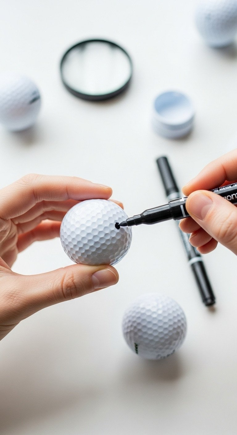 Hands Covering A Color Code Dot On A White Gender Reveal Golf Ball With Black Marker, Magnifying Glass. Pre-Reveal Mistake Prevention.