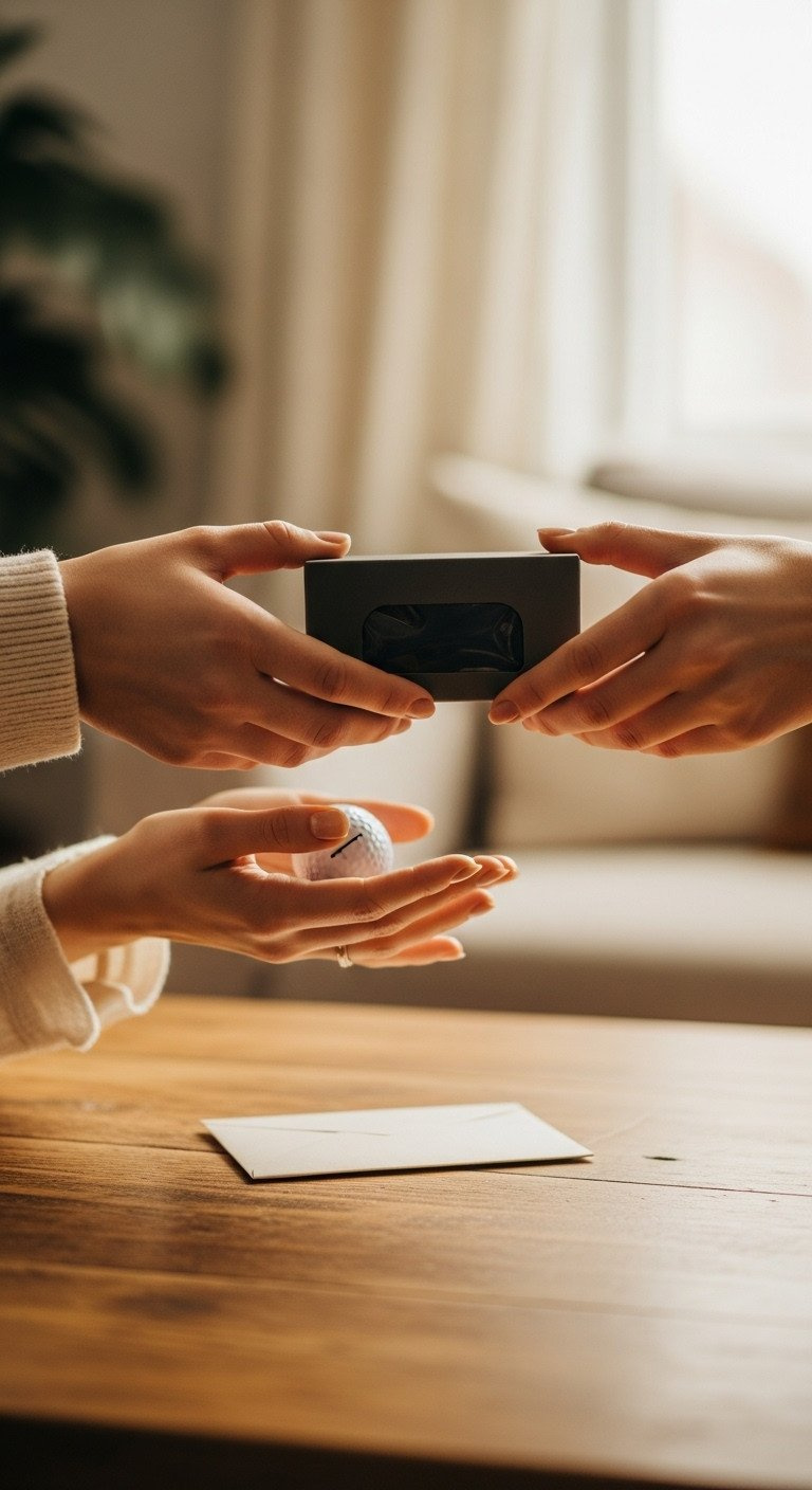 Hands Exchanging A Sealed Dark Package Containing A Gender Reveal Golf Ball On A Rustic Table. Discreet Handover For The Secret Reveal.
