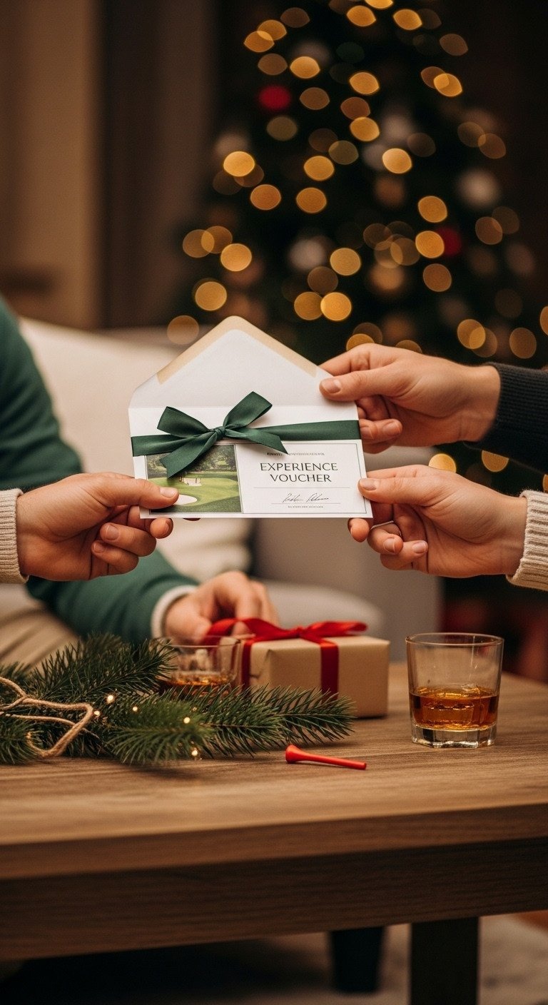 Hands Exchanging Elegant Personalized Golf Gift Certificate In Ribbon Envelope On Rustic Table With Festive Christmas Decor.