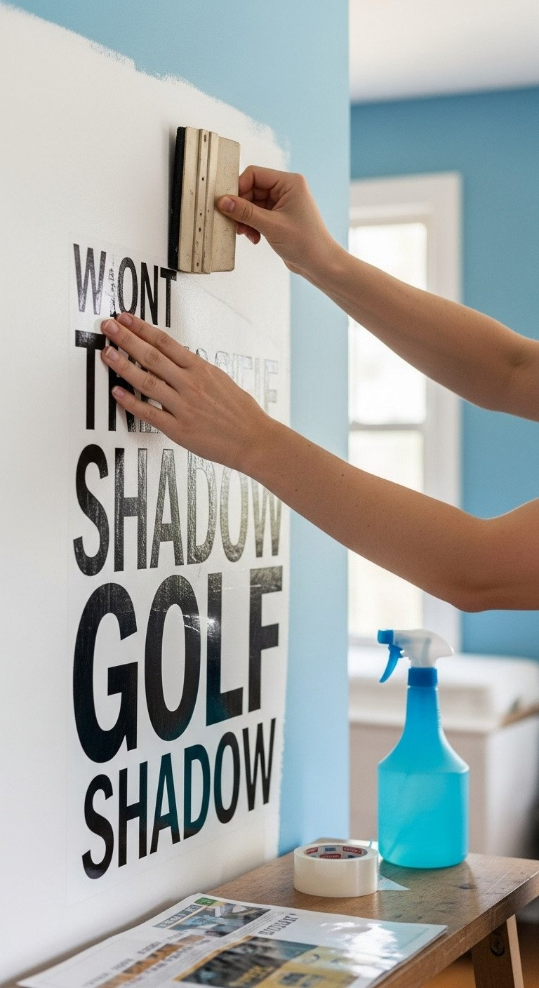 Golf Wall Art: Expert Design And Installation Guide Hands Smoothly Applying A Matte Black Vinyl Wall Decal Of A Golf Graphic Onto A Freshly Painted Wall Using A Plastic Squeegee.