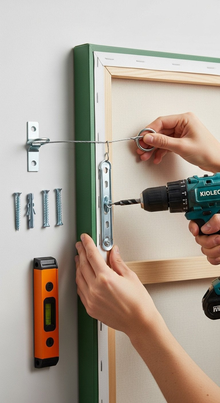 Golf Wall Art: Expert Design And Installation Guide Hands Using A Power Drill To Install A Toggle Bolt For Hanging A Heavy Canvas Print, Showing D-Rings And Sturdy Picture Wire.