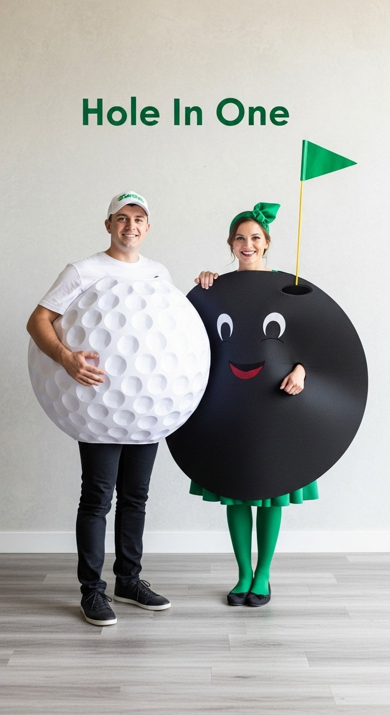 Happy Gilmore Costume: Hockey Jersey, Khaki Slacks, Cap, And Black Boot In An Exaggerated Golf Swing Pose On A Driving Range.
