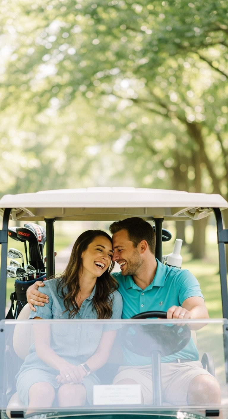 Ultimate Golf Photoshoot Ideas Poses And Pro Techniques Happy Couple Laughing In A Golf Cart On A Shaded Course Path, Intimate Moment, Blurred Trees, Sunlight Filtering.