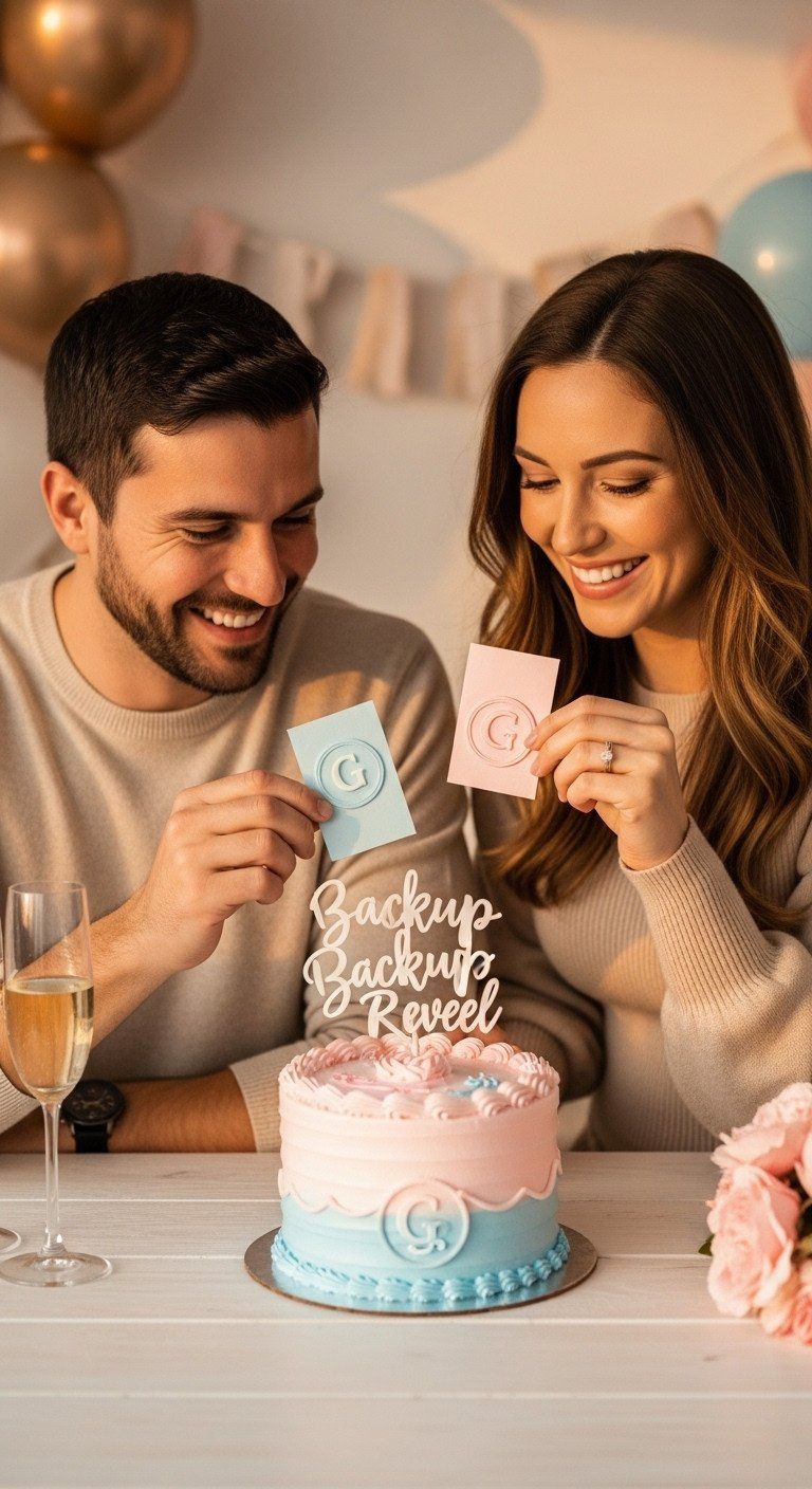 Happy Parents Celebrate Successful Backup Gender Reveal, Looking At Colored Cake Or Sealed Card, With Champagne.