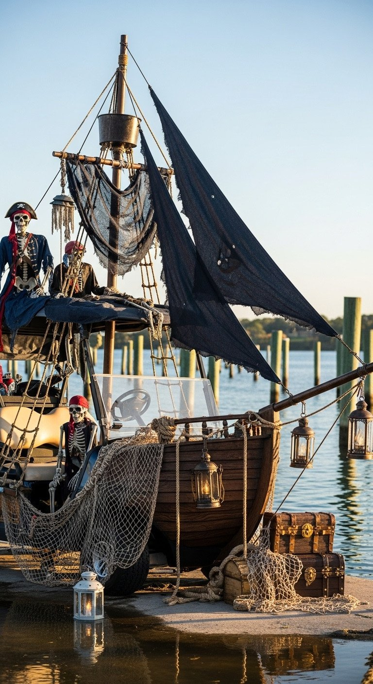 Haunted Pirate Ship Golf Cart With Tattered Sails, Skeleton Pirates, Wooden Bow, Fishing Net, And Gold Chests By Blurred Water.
