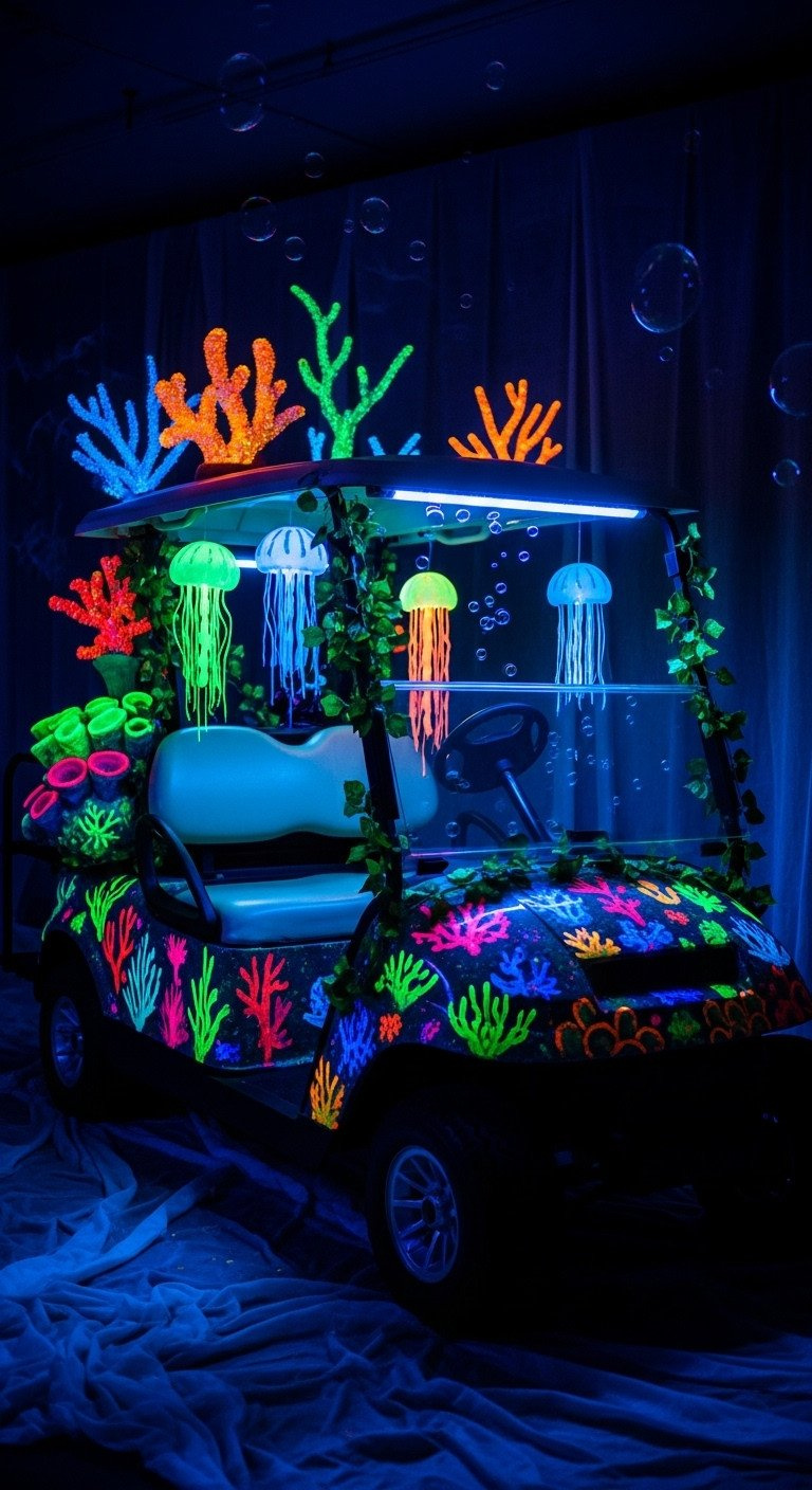 Haunted Under-The-Sea Golf Cart Reef With Glowing Coral, Neon Jellyfish, Sea Monsters, And Uv Black Light Effects.