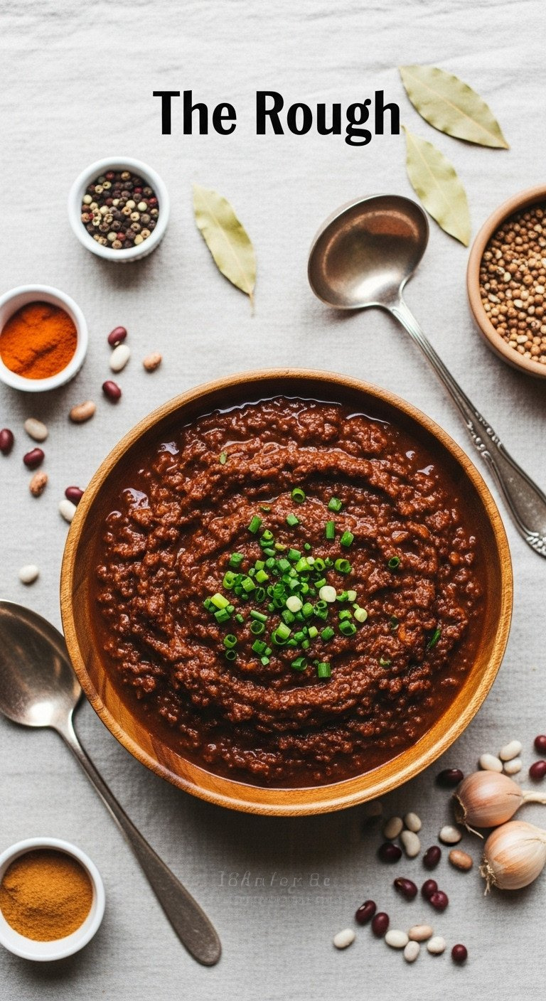 Hearty Beef Chili, 'The Rough,' Topped With Chives Resembling Grass, In A Rustic Wooden Bowl On A Linen Tablecloth.