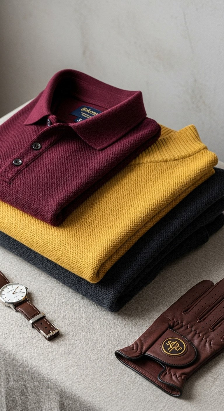 High-End Fall Golf Apparel: Luxurious Burgundy, Butter Yellow, Charcoal Fabric With A Leather Glove.