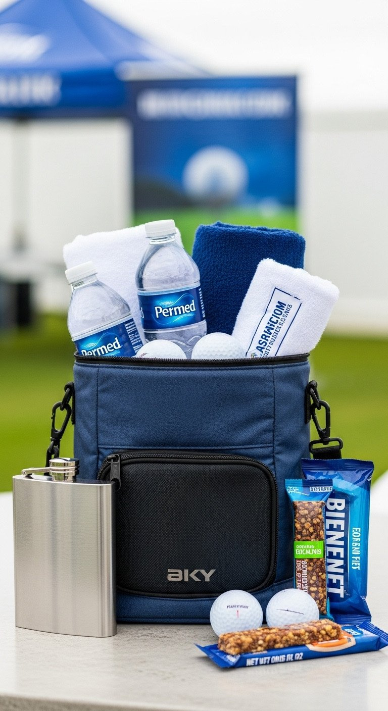 High-End Golf Cooler Bag With Premium Water Bottles, Golf Towels, And Golf Balls. Corporate Golf Event Prize Basket.