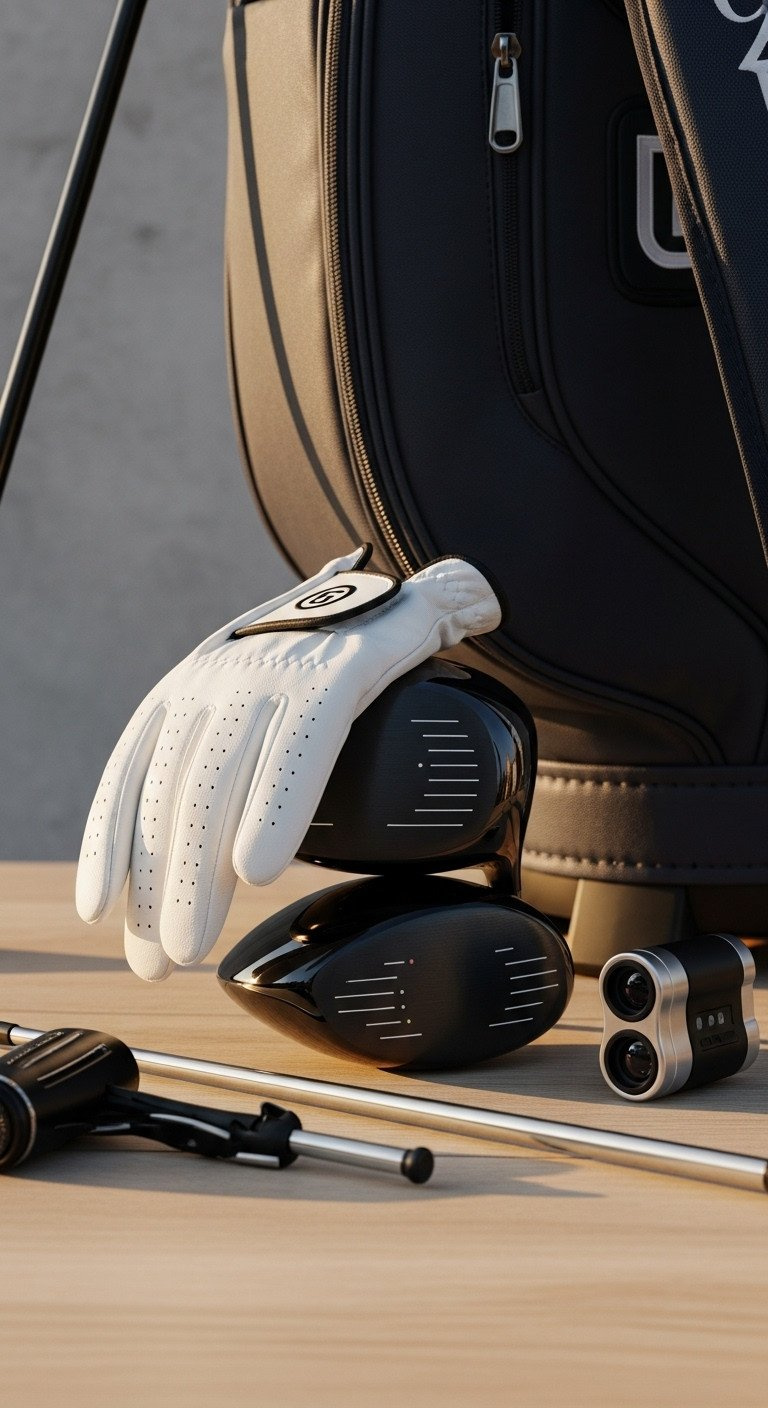 High-End Golf Gear: White Glove, Matte Black Driver Head, Sleek Charcoal Stand Bag, Laser Rangefinder On Wood.